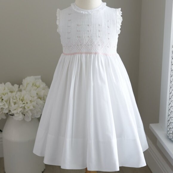 Girls White Dress Smocked Size 9 Month Feltman Brothers Pink Embroidery NWOT - Picture 6 of 7